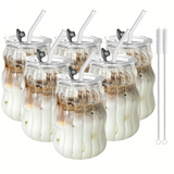 GenussGlas Rillenbecher – 2/4 Glas-Trinkbecher mit Deckel und Trinkhalm | Wiederverwendbar & Spülmaschinenfest | Für Kaffee, Matcha, Wasser & Saft
