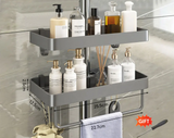 FlexiBad Wandregal Ohne Bohren – Duschablage Aluminium Doppel | Shampoo Halter & Handtuchstange | Bad Organizer
