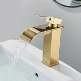Aurevia Lavaboarmatur – Goldene Lavaboarmatur mit Wasserfallauslauf | Gebürstete Edelstahlarmatur | Einhebelmischer für Warm- und Kaltwasser