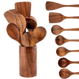 NaturEssence Premium Holz-Küchenhelfer-Set mit Aufbewahrungsgefäß – 5-teiliges Kochbesteck aus Naturholz | Schonendes Kochutensilien-Set für Antihaftgeschirr | Nachhaltiges Küchenorganisations-Set