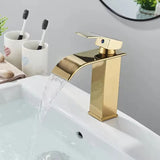 Aurevia Lavaboarmatur – Goldene Lavaboarmatur mit Wasserfallauslauf | Gebürstete Edelstahlarmatur | Einhebelmischer für Warm- und Kaltwasser