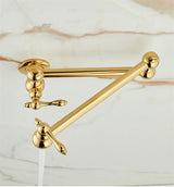 ImperialFlow Luxus-Wandarmatur mit ausziehbarem Topffüller – Schwenkbare Küchenarmatur in gebürstetem Gold | Faltbarer Pot-Filler aus massivem Messing | Elegante Herdarmatur für direktes Befüllen