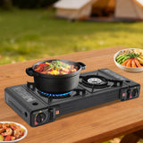 FreizeitKoch Doppel-Gaskocher – 2-Flammen-Campingkocher mit automatischer Piezozündung | 2.5 kW Tischkocher | Grillplatte & Tragekoffer