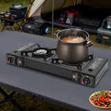 FreizeitKoch Doppel-Gaskocher – 2-Flammen-Campingkocher mit automatischer Piezozündung | 2.5 kW Tischkocher | Grillplatte & Tragekoffer