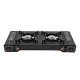 FreizeitKoch Doppel-Gaskocher – 2-Flammen-Campingkocher mit automatischer Piezozündung | 2.5 kW Tischkocher | Grillplatte & Tragekoffer