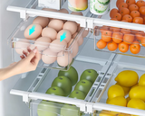 CoolStack Kühlschrank-Schiebebox mit Unterregal-System – Transparente Frischhalte- und Ordnungsbox für Obst, Gemüse & Eier | Platzsparender Kühlschrank-Organizer mit Auszugsschublade