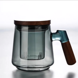 BlattGenuss Teebecher – 500 ml Hitzebeständiges Teeglas mit Filter | Teetasse mit Deckel & Holzgriff | Aufgussbecher für Tee, Kräuter & Kaffee