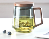 BlattGenuss Teebecher – 500 ml Hitzebeständiges Teeglas mit Filter | Teetasse mit Deckel & Holzgriff | Aufgussbecher für Tee, Kräuter & Kaffee