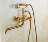 BronzaLine Klassische Duscharmatur Wandmontage Messing Antik Bronze mit Handbrause – Retro Mischbatterie für Badezimmer | Verlängerter Auslauf & Keramikventil | Hochwertige Luxus Badarmatur