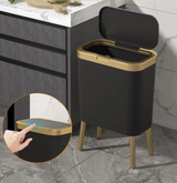 Luxora Slim Design-Mülleimer mit Deckel – schlanker Abfalleimer für Bad, Schlafzimmer und Küche | geruchsdicht, haustiersicher & modern mit goldenen Akzenten