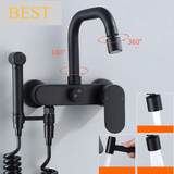 NoirFlow Premium Wandarmatur mit Seitensprühbrause – Schwarzer Messinghahn | 360° Schwenkbar | Warm- & Kaltwasser | Multifunktional
