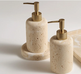 StoneAura Naturstein Badaccessoire-Set 4-teilig – Travertin Seifenspender & Organizer | Edles Spa-Design | Zeitlose Eleganz