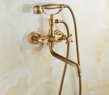 BronzaLine Klassische Duscharmatur Wandmontage Messing Antik Bronze mit Handbrause – Retro Mischbatterie für Badezimmer | Verlängerter Auslauf & Keramikventil | Hochwertige Luxus Badarmatur