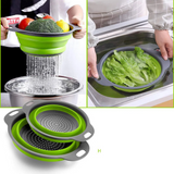 FlexiFlow Pro Faltbares Silikon-Abtropfsieb mit Edelstahlkern – Multifunktionaler Küchenkorb zum Waschen, Abgießen & Filtern | Platzsparender Siebkorb für Obst, Gemüse & Pasta