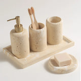 StoneAura Naturstein Badaccessoire-Set 4-teilig – Travertin Seifenspender & Organizer | Edles Spa-Design | Zeitlose Eleganz
