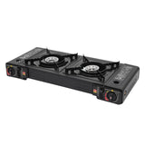 FreizeitKoch Doppel-Gaskocher – 2-Flammen-Campingkocher mit automatischer Piezozündung | 2.5 kW Tischkocher | Grillplatte & Tragekoffer