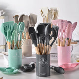 CookNature Premium 12-teiliges Silikon-Küchenhelfer-Set mit Holzgriffen – Hitzebeständiges Kochutensilien-Set | Kratzfreie Küchenwerkzeuge für Antihaft-Pfannen & modernes Kochen