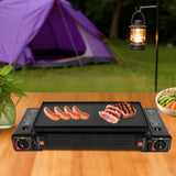 FreizeitKoch Doppel-Gaskocher – 2-Flammen-Campingkocher mit automatischer Piezozündung | 2.5 kW Tischkocher | Grillplatte & Tragekoffer