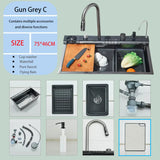 AquaSense Pro Edelstahl-Küchenspülen-Set mit Digitalarmatur – 75×45 cm Rechteckspüle | Gun Grey | 3 mm Stärke | Wasserfall & Temperaturanzeige