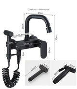 NoirFlow Premium Wandarmatur mit Seitensprühbrause – Schwarzer Messinghahn | 360° Schwenkbar | Warm- & Kaltwasser | Multifunktional