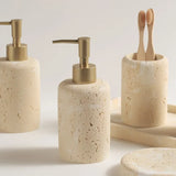 StoneAura Naturstein Badaccessoire-Set 4-teilig – Travertin Seifenspender & Organizer | Edles Spa-Design | Zeitlose Eleganz