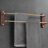 AuriaTwin Luxus Doppel-Handtuchstange Wand – Alufer Handtuchhalter 50–60 cm | 2 Stangen + Haken | Schwarz/Gold mit Walnussakzent