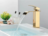 Aurevia Lavaboarmatur – Goldene Lavaboarmatur mit Wasserfallauslauf | Gebürstete Edelstahlarmatur | Einhebelmischer für Warm- und Kaltwasser