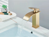 Aurevia Lavaboarmatur – Goldene Lavaboarmatur mit Wasserfallauslauf | Gebürstete Edelstahlarmatur | Einhebelmischer für Warm- und Kaltwasser