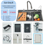 AquaSense Pro Edelstahl-Küchenspülen-Set mit Digitalarmatur – 75×45 cm Rechteckspüle | Gun Grey | 3 mm Stärke | Wasserfall & Temperaturanzeige
