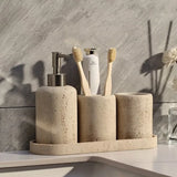 MARBELIA Badezimmer-Set in Natursteinoptik – Keramik Badaccessoires | Zahnbürstenhalter & Seifenspender | Elegantes Spa-Design