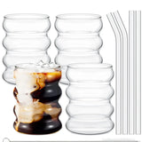 GlasZeit Rillenbecher – 4-Teiliges Trinkgläser-Set mit Trinkhalmen | Transparente Vintage-Gläser mit Struktur | Für Eiskaffee, Matcha & Getränke