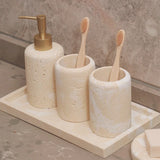 StoneAura Naturstein Badaccessoire-Set 4-teilig – Travertin Seifenspender & Organizer | Edles Spa-Design | Zeitlose Eleganz