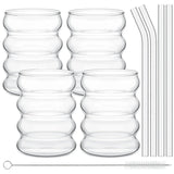 GlasZeit Rillenbecher – 4-Teiliges Trinkgläser-Set mit Trinkhalmen | Transparente Vintage-Gläser mit Struktur | Für Eiskaffee, Matcha & Getränke