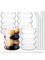 GlasZeit Rillenbecher – 4-Teiliges Trinkgläser-Set mit Trinkhalmen | Transparente Vintage-Gläser mit Struktur | Für Eiskaffee, Matcha & Getränke