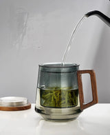 BlattGenuss Teebecher – 500 ml Hitzebeständiges Teeglas mit Filter | Teetasse mit Deckel & Holzgriff | Aufgussbecher für Tee, Kräuter & Kaffee