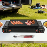 FreizeitKoch Doppel-Gaskocher – 2-Flammen-Campingkocher mit automatischer Piezozündung | 2.5 kW Tischkocher | Grillplatte & Tragekoffer