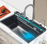 AquaSense Pro Edelstahl-Küchenspülen-Set mit Digitalarmatur – 75×45 cm Rechteckspüle | Gun Grey | 3 mm Stärke | Wasserfall & Temperaturanzeige