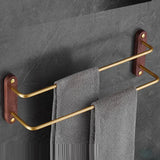 AuriaTwin Luxus Doppel-Handtuchstange Wand – Alufer Handtuchhalter 50–60 cm | 2 Stangen + Haken | Schwarz/Gold mit Walnussakzent