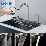 AquaSense Pro Edelstahl-Küchenspülen-Set mit Digitalarmatur – 75×45 cm Rechteckspüle | Gun Grey | 3 mm Stärke | Wasserfall & Temperaturanzeige