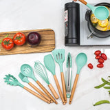 CookNature Premium 12-teiliges Silikon-Küchenhelfer-Set mit Holzgriffen – Hitzebeständiges Kochutensilien-Set | Kratzfreie Küchenwerkzeuge für Antihaft-Pfannen & modernes Kochen