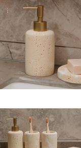 StoneAura Naturstein Badaccessoire-Set 4-teilig – Travertin Seifenspender & Organizer | Edles Spa-Design | Zeitlose Eleganz