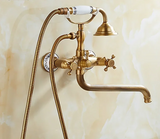 BronzaLine Klassische Duscharmatur Wandmontage Messing Antik Bronze mit Handbrause – Retro Mischbatterie für Badezimmer | Verlängerter Auslauf & Keramikventil | Hochwertige Luxus Badarmatur