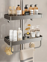 FlexiBad Wandregal Ohne Bohren – Duschablage Aluminium Doppel | Shampoo Halter & Handtuchstange | Bad Organizer
