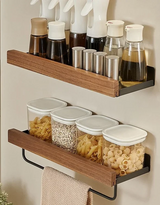 KüchenLinea Wandregal mit Holzoptik – Gewürz- & Utensilienhalter ohne Bohren | Metallkonstruktion | Platzsparende Küchenorganisation