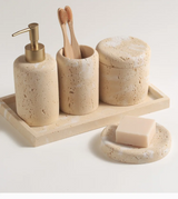 StoneAura Naturstein Badaccessoire-Set 4-teilig – Travertin Seifenspender & Organizer | Edles Spa-Design | Zeitlose Eleganz