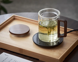 BlattGenuss Teebecher – 500 ml Hitzebeständiges Teeglas mit Filter | Teetasse mit Deckel & Holzgriff | Aufgussbecher für Tee, Kräuter & Kaffee