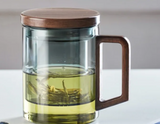 BlattGenuss Teebecher – 500 ml Hitzebeständiges Teeglas mit Filter | Teetasse mit Deckel & Holzgriff | Aufgussbecher für Tee, Kräuter & Kaffee