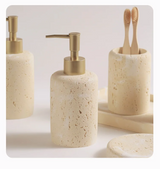 StoneAura Naturstein Badaccessoire-Set 4-teilig – Travertin Seifenspender & Organizer | Edles Spa-Design | Zeitlose Eleganz